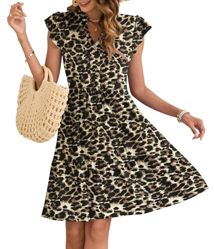 AUSELILY Damsommarklänning, V-ringade klänningar, volangärmar, miniklänning, elastisk midja, fritidsklänning med fickor, Brun leopard, L