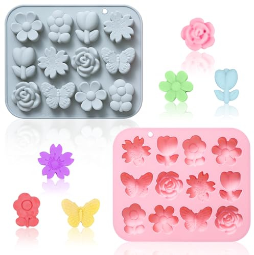 Fnaobai Lot de 2 moules à gâteau en silicone en forme de fleur et de papillon - 12 cavités - Pétales de bonbons 3D - Pour biscuits, desserts, pâtisseries - Outils de bricolage pour fête, mariage