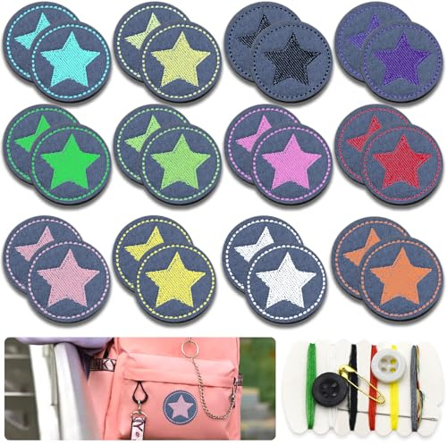 PXBSNB 24 stycken stryklappar barn, rund stjärna strykmärke med 1 pack syset, färgglada lappar att stryka, självhäftande lappar barn, stryka på lappar för jeans, kläder, dunjacka
