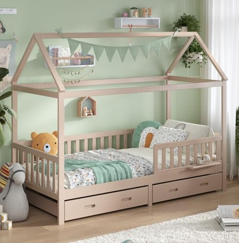 ALAVYA HOME® Hausbett 90x200 Komplett Set inkl. Matratze Schubladen mit Buchablage, Rausfallschutz und Lattenrost | Kinderbett 90x200 für Mädchen und Jungen Massivholz der Buche