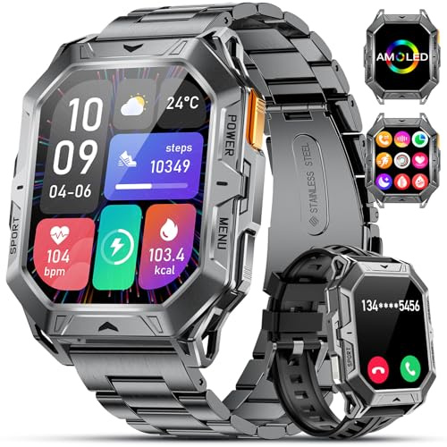 LIGE Smartwatch Herren Militär-1000mAh Großes Akku, 2.13 AMOLED Sportuhr mit Telefonfunktion, Herzfrequenz Schlafmonitor/IP68 Wasserdicht, 110+ Sportmodi Fitnessuhr für Android iOS, Schwarz