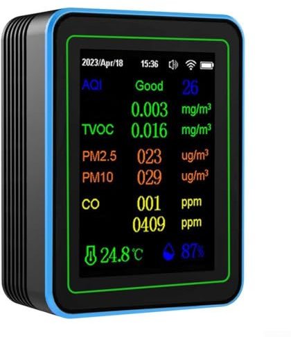 Misuratore di qualità dell'aria 12 in 1, rilevatore d'aria ricaricabile con connettività WiFi, per monitoraggio in tempo reale della temperatura e dell'umidità (nero)