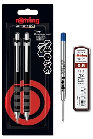 rOtring Tikky Druckbleistift und Kugelschreiber-Set, HB-Mine, 0,5 mm Bleistift, mittlere Spitze, schwarzer Schaft, Set mit zusätzlichen Minen