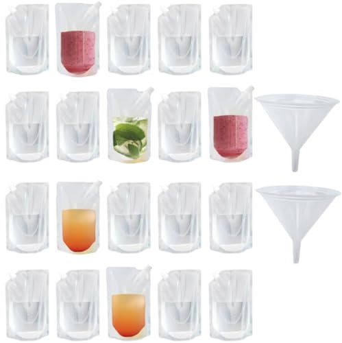 20 bolsas transparentes para bebidas con tapas y embudo, a prueba de fugas, bolsas de jugo de alcohol, bolsas de bebidas, petaca de plástico para festivales, fiestas, pícnic, viajes