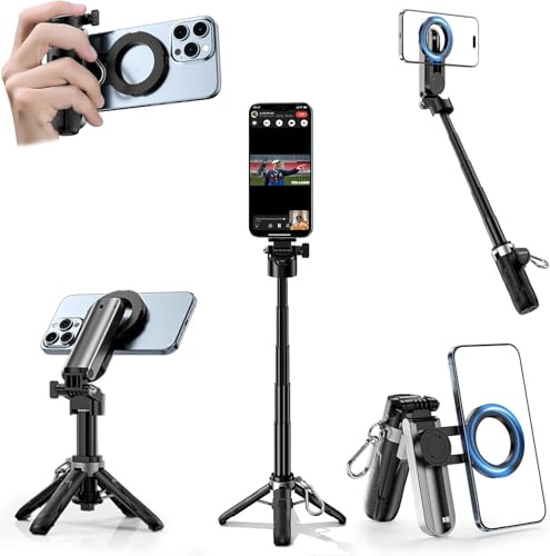 CloudValley Trípode magnético 4 en 1 multifuncional para selfie, mini soporte portátil de bolsillo para teléfono con control remoto desmontable, compatible con MagSafe, para iPhone/Android, vlog de