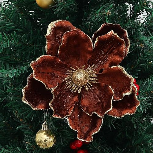 tiecawk 6 Stück Weihnachtsbaumschmuck, Glitzer, künstliche Magnolie, Samt, Magnolie, Weihnachtsbaumschmuck für Weihnachten, Neujahr, Party, Hochzeit, Ornamente (braun)