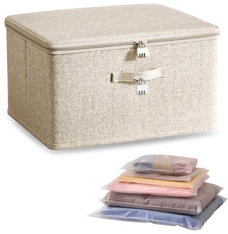 Caja Almacenaje con Cerradura, Cajas Almacenamiento Tela Cubo con 4 Bolsa de Almacenaje, Caja Almacenaje Plegable con Tapa y Asas, Cajas para Guardar Ropa, Juguetes y Libros, 40 x 30 x 21 cm, Beige
