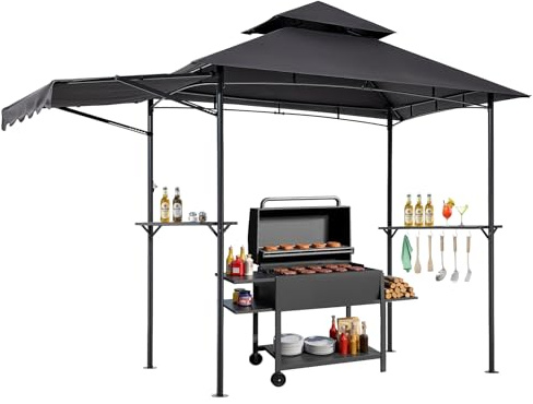 VEVOR Gazebo de Barbecue, 243x150 cm, Tonnelle de BBQ Extérieur avec Auvent, Toit à 2 Niveaux, Abri de Barbecue Patio Acier Thermolaqué, pour Grillades, Fêtes, Pique-niques, Jardin, Terrasse, Patio