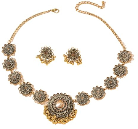 Niaspi Champagne Flower Bohemian Jewelry Set for Women Boho Crystal Floral Necklace Earrings Vintage Gold Bead Tassel Pendant Festival Cocktail Wedding Birthday Jewellery Gifts