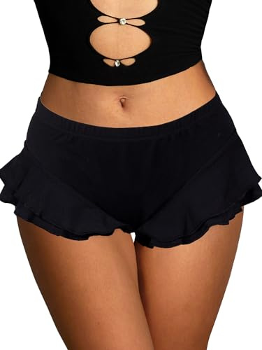 Navneet Hotpants Damen Sexy Booty Micro Shorts Low Waist Rüsche Mini Kurze Hose Festival Pole Dance Rave Outfit Sommer Schwarz Rüschen S