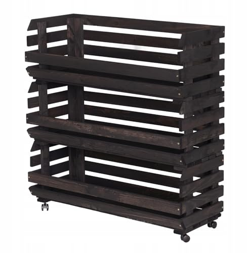 STOLMAK Obstkiste Holz auf Rollen 77 x 79 x 30 cm Kartoffel Obst Gemüse Aufbewahrung Regal mit Körben Stapelkisten Holzkiste Groß Aufbewahren Gemüsekiste 3 Etagen Farbe Schwarz