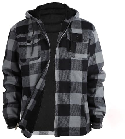 EQWIGKEIT - Chaqueta acolchada de cuadros para hombre con capucha, chaqueta de leñador, para invierno, con forro polar, camisa de abrigo, chaqueta térmica, chaqueta de leñador de invierno, A1 gris