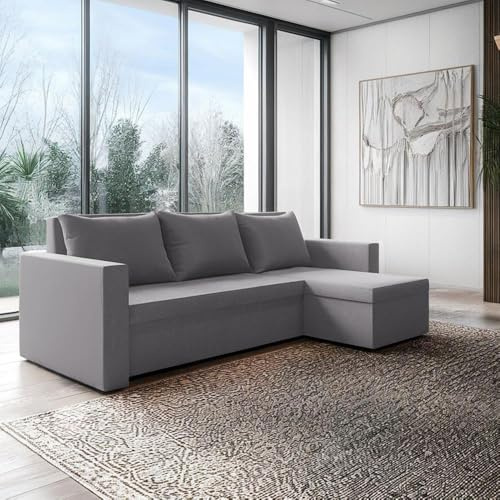 FORNIRO 24 Loft Ecksofa 225x130x75cm Grau Wohnzimmer Couch Schlafsofa | Mit Schlaffunktion & Bettkasten - L-Form - Kissen - Stoff Basic | ausziehbar Gäste bequem Stauraum Design hochwertig Eckcouch
