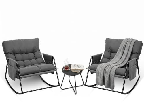 Bonnlo Schaukelstuhl mit Hocker&Aufbewahrungstasche/Balkonmöbel Set 3 teilig, für Veranda, Garten, Poolbereich, Balkon oder Hinterhof, Grau/Weiß/Dunkelgrün (Balkonmöbel Set 3 teilig, Grau)