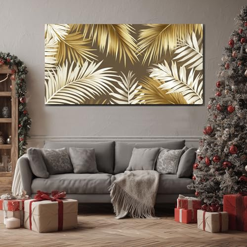 Foglie Di Palma D'Oro Quadri Moderni per Camera da Letto Foglia Tropicale Di Lusso Quadro su Tela Grandi Dimensioni Fogliame Metallico Arte da Parete per Soggiorno Ufficio Senza Cornice 60x120cm