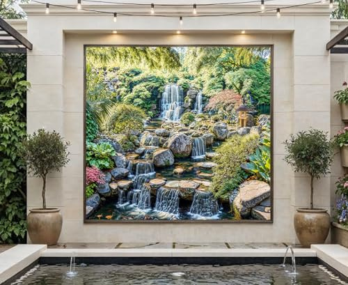 Waterfall Mural, Tapestry & Curtain Waterproof Outdoor Wall Hanging, Waterfall Feature Backdrop, Garden Pond Wall Art, Fence Feature & Outdoor Decor (W180cm x H180cm)