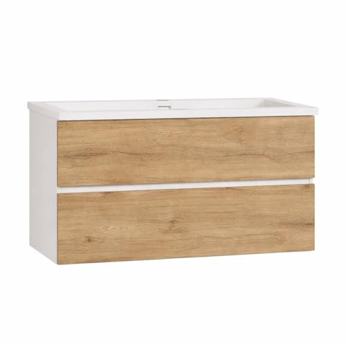 Baikal Mueble de Baño Lia. Mueble MONTADO. 2 Cajones Suspendido con Lavabo Ceramico. Armario de Baño. Cierre Amortiguado. Altura 64cm. 100cm. Blanco - Nature
