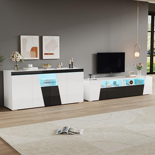 OKMYHOME Ensemble Meuble TV et Buffet avec LED et Finition Haute Brillance, Meuble TV et Buffet de Rangement Moderne - 180 cm + 140 cm - Blanc et Noir