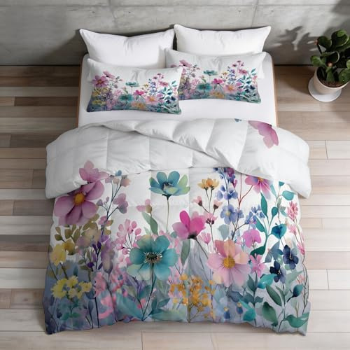 Bettdecke 180 x 200 cm 4 Jahreszeiten, Anlage Waschbar Bettdecke ohne Bezug - Aquarell Blumen Weiche und Bequeme Ganzjahresdecke mit 2 Kissenbezug 80x80cm, Weiß