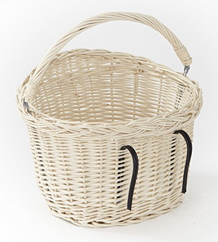Tigana Fahrradkorb Einkaufskorb mit Tragegriff aus Weide für Lenker (oval 40 cm Weiß mit Windschutz)