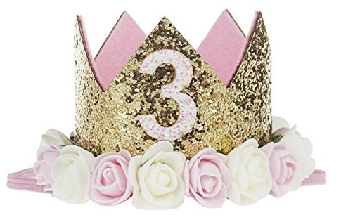 COUXILY 3 Jahr Geburtstag Baby krone Stirnbänder Baby Geburtstagskrone Haarband Baby Birthday Tiara Mädchen Glänzend Krone Geschenksets Haarband (FG03)