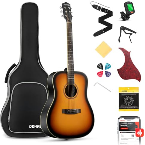 Donner akustisk gitarr full storlek gitarr 4/4 Dreadnought 104 cm gitarrkit för nybörjare med spelväska capo plektrum tuner remsträngar (Sunburst)