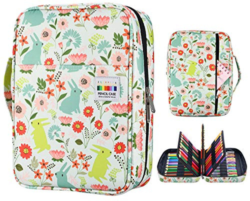 YOUSHARES Trousse à Crayon de Couleur avec 220 Emplacements - Etui à Crayon à Quatre Couches en Tissu Oxford pour Adults,Artists,Peintre（Lapin et fleur)