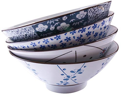 Cerficer - Tazones grandes para sopa japonesa (19 cm, 4 unidades), color blanco y azul