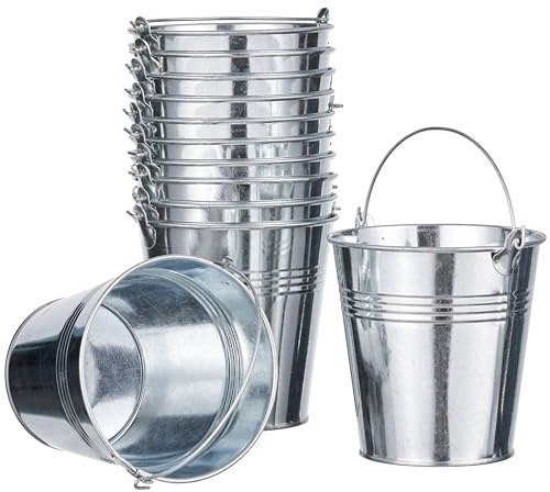 THE TWIDDLERS 12er-Set Mini Metalleimer (11x8 cm) in Silber - Verzinkte kleine Eimer für Pommes Frites, Candy Bar, Hochzeitsdeko und Gastgeschenke