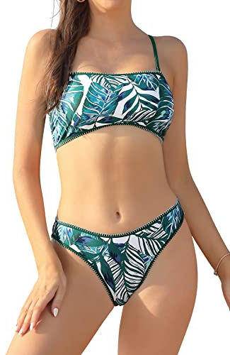 SHEKINI Bikini A Fascia da Donna Set da Bagno Ricamato sul Retro Bikini con Lacci in Alto Slip Bikini A Vita Bassa Costumi da Bagno (Verde, M)