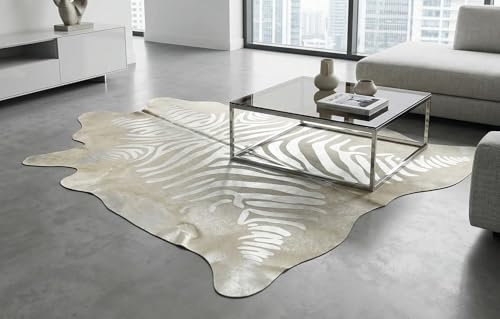 generisch Kuhfell Stierfell Teppich Zebra Silber Devore ca. 220 x 170 cm aus Brasilien Hellgrau mit Silberner Zebra Prägung