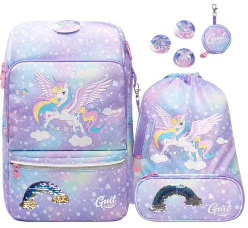 GMT for Kids Ergonomischer Schulranzen Set 5-teilig Ultraleichte Schultasche Mädchen Junge Kinder Schulrucksack Grundschule Schultaschen 1-4. Klasse Rucksack 22 L (Einhhorn)