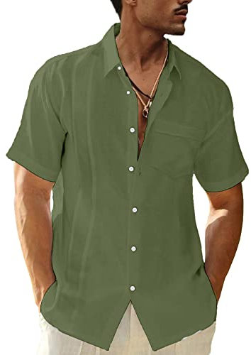 LVCBL Men's Short Sleeve Shirt Lapel Shirt with Breast Pocket Button Up Army Green L
