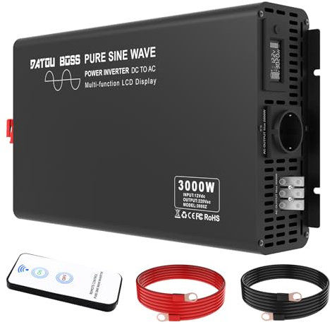 DATOUBOSS Power Inverter 3000W/6000W Onda Pura - Trasformatore di Potenza Convertitore DC 12V AC 220V-240V Fotovoltaico Con Display LCD & Comando Remoto per Casa, Camper, Camion, Marina