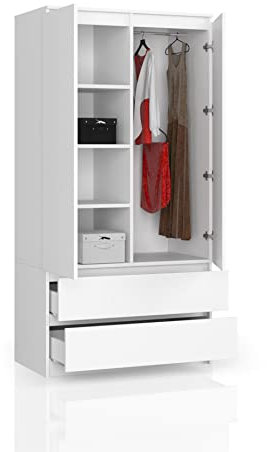 BDW Kleiderschränk 2 Türen, 4 Einlegeböden, Kleiderständer, 2 Schubladen, Mehrzweckschrank, Schubladenschrank, Garderobenschrank für Schlafzimmer, Wohnräume, 180x90x51cm, Weiß