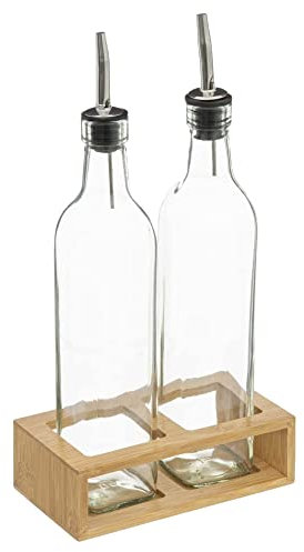 TIENDA EURASIA - Juego de Aceitera y Vinagrera con Soporte de Bambú, Botes de Cristal con Tapa Antigoteo, Capacidad 0,48L, Medida 16,6 x 9,2 x 32 cm