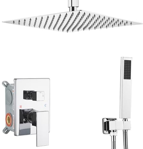 Heable ‎Polished Chrome Shower System Bathroom 12 Inch Rain Shower Head Ceiling Mount with Handheld Luxury High Pressure Shower Combo Set Shower Faucet Rough-in Valve Body and Trim Kit