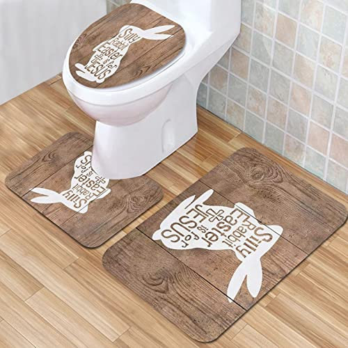 IUBBKI Badezimmermatte, rutschfeste Badematte, dummes Kaninchen-Silhouettenmuster auf Vintage-Holz, Badematten-Set, 3-teilig, saugfähig, rutschfest, Badematte, WC-Vorleger, Badteppich für Ba