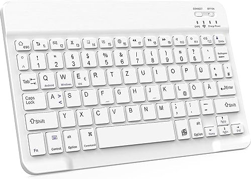 HLTOOP Teclado Bluetooth Español,Light Teclado Inalámbrico Portátil para iPhone de iOS,iPad,Samsung,Lenovo,Huawei,Android,Windows,Compatible con Dispositivos con Bluetooth,Blanco,German
