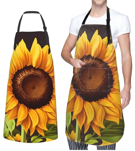 Dwrepo Schöne Schürze mit Sonnenblumen-Druck, wasserdichte Schürze mit 2 Taschen, verstellbare Küchenschürze, Lätzchen für Damen und Herren, Kochschürze, Schwarz, Einheitsgröße, Schwarz,