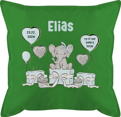Kissen 50x50 - Baby Geschenk zur Geburt Jungen Elefant personalisiert Name Geburtsdaten Taufe - 50 x 50 cm - Grün - geburtskissen Geschenke Neugeborene Geburtsgeschenk Daten kopfkissen