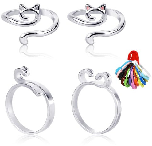 4 Stück Verstellbare Strickschlaufe, Silberne Strick Fingerhut Niedlicher Katzenstil Häkelführungsringe Häkel Ringe zum Handarbeiten mit 10 Stück Strick Markierer aus Kunststoff