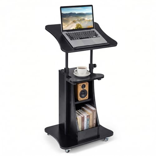 COSTWAY Mobile Laptop Table, Height Adjustable Sit Stand Desk Podium Stand Presentation Cart with Wheels, Shelves and Storage Cabinet, Home Office PC Computer Workstation (Black, 50 x 40 x 72-112 cm)