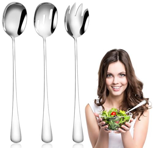 Posate per Insalata in Acciaio Inox, Cucchiaio Lungo, forchetta da Insalata, Cucchiaio da Portata, insalate, Utensili da Cucina, Lavabili in lavastoviglie (3 Pezzi)