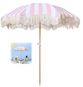 180cm Parasol De Plage Inclinable Parasol Plage Rose Avec Frange Parasol De Jardin Anti Uv Parasol À Frange Inclinable Parasol Terrasse Anti Vent Pour Jardin Terrasse Patio Piscine Plage Balcon/8 Bale