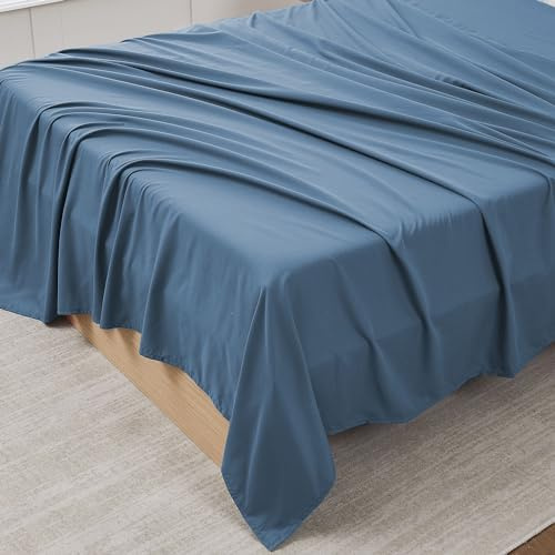 King Size Flat Sheet Only - Ultra Soft & Breathable Brushed Microfiber Top Sheet Only for King Size Beds, Denim Blue