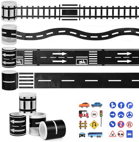 ADERTOS 4PCS Road Railway Washi Tape Set Ruban Autocollant Decoratif Autoroute Rouleau Bande Adhesive Ruban de Voiture de Route Ruban Autocollant et Autocollants de Panneau de Signalisation pour DIY