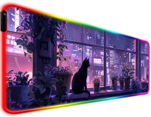 JIANG100 RGB Japanese Anime Cute Cat Plant Gaming Desk Mat & Mouse Pad, XL | 31.5x11.8 in, XL, Non-Slip Rubber Base, Smooth Surface, Stitched Edges, Office Supplies and Accessories