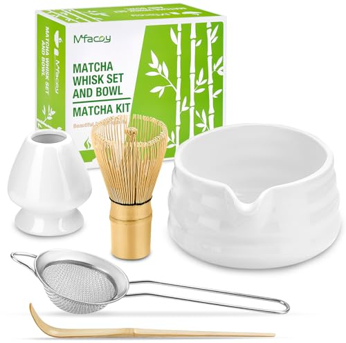 Matcha Whisk Set, Japanese Tea Set (5pcs) includes Matcha Bowl with Spout (19 oz), Bamboo Whisk and Matcha Scoop, Whisk Holder, Stainless Steel Sifter, Tea Making Tools, Matcha Kit