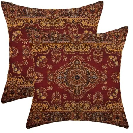 AEIOAE Boho-Kissenbezüge, 40,6 x 40,6 cm, Set mit 2 Stück, rotgold, dekorativ, für den Außenbereich, Leinen, quadratisch, Bauernhaus, Vintage, Retro-Teppich, Kissenbezüge für Sofa, Couch,